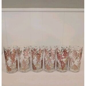 Vintage MCM Culver 22K Gold Highball Glasses Set Of 6 Grape Design Barware Glass